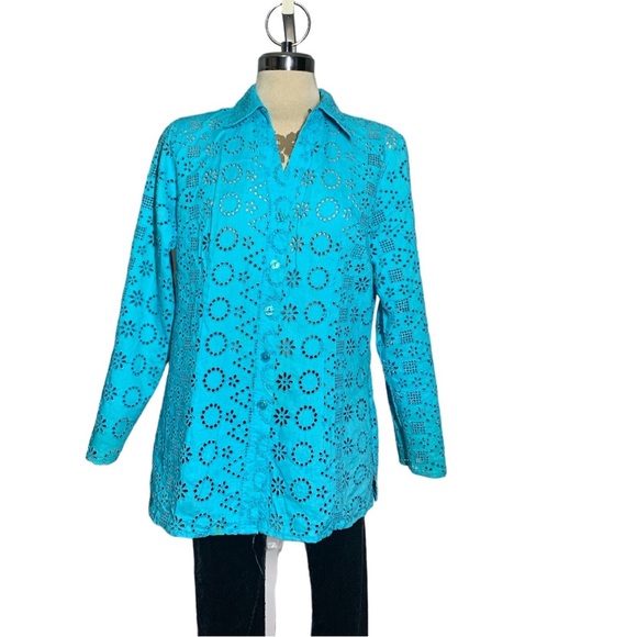 ATTITUDE Gorgeous Blue Green Eyelid 3/4 Sleeves Blouse Size L - Picture 10 of 13
